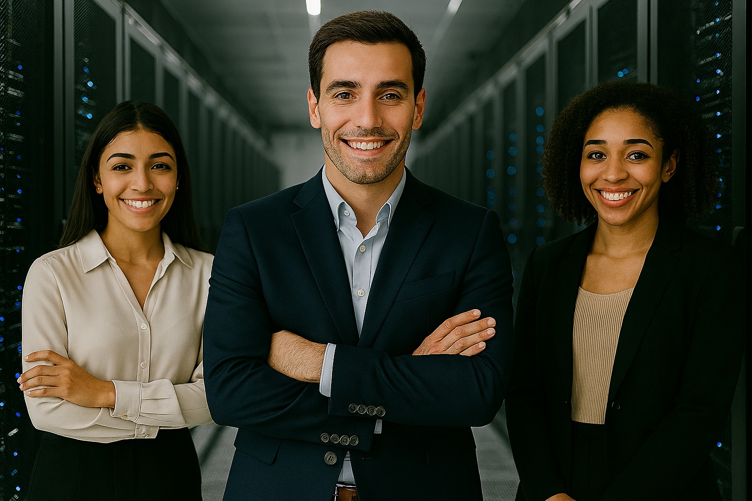 Three consultants standing in a data center